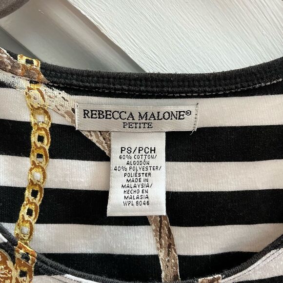 Rebecca Malone Black & White Stripe Seashell Embellished T-Shirt sz SP EUC - Picture 3 of 4